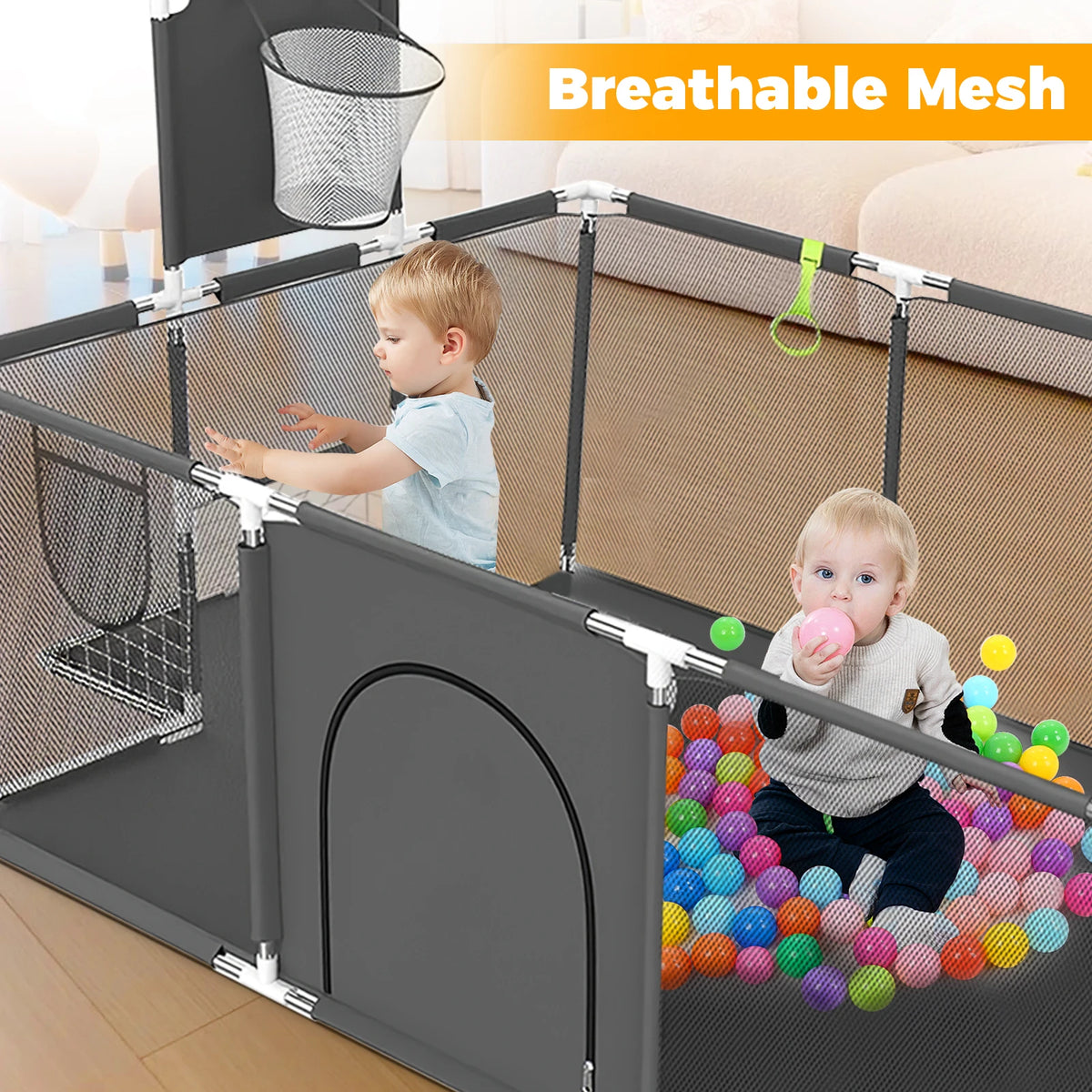Baby Playpen with Breathable Net, with Basketball Basket and Football Frame, Foldable Activity Centre For Baby, 182 x 122 cm Tappetino anticaduta per bambini Protezione per bambini  basket anti urto per bambini campetto in tappettino morbido per bambini