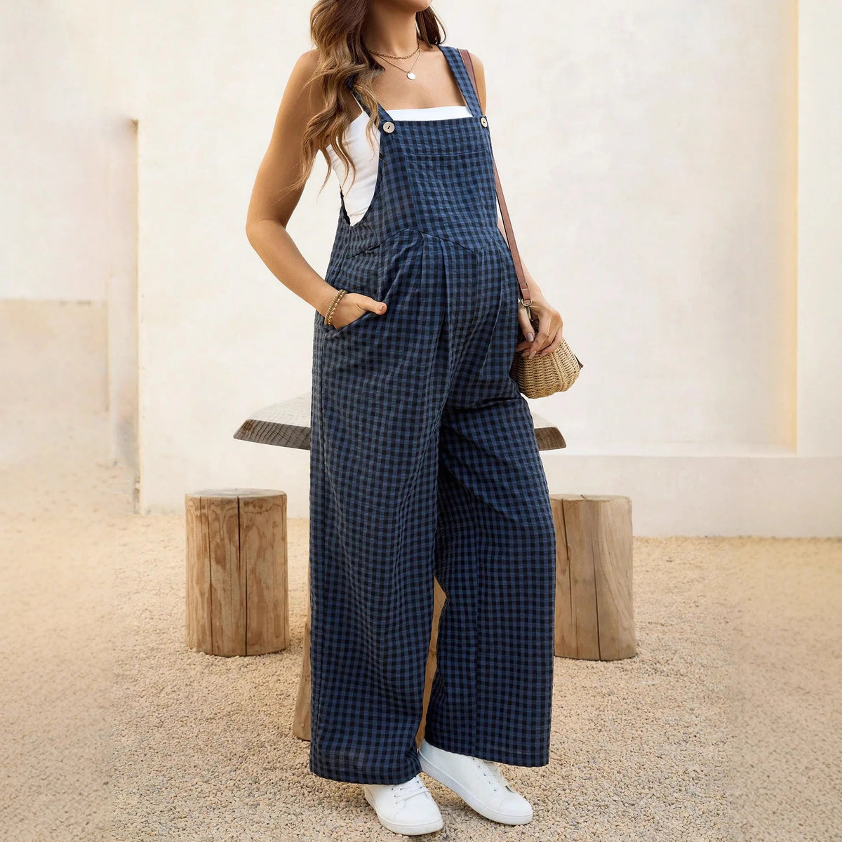 Maternity Pregnant Women Overalls Plaid Print Loose Wide-leg Jumpsuit Rompers Spring Summer Casual Pregnancy Clothing