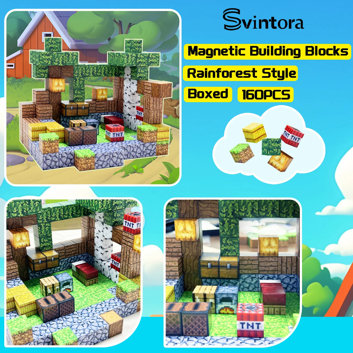 Magnetic Building Blocks Mine World Magnet Cube Brick Sets Best Gift for Boys Girls Kids 3+ DIY Pixel style Toy