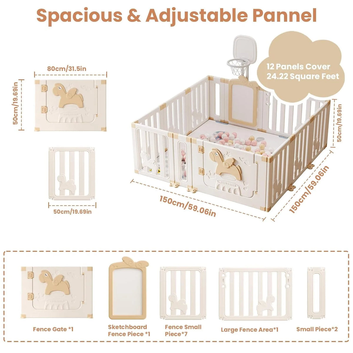 Baby Safety Play Playpen, Children Activity Center, Foldable Play Pen, Safety Playground For Indoor And Outdoor(Khaki 12 Panels)