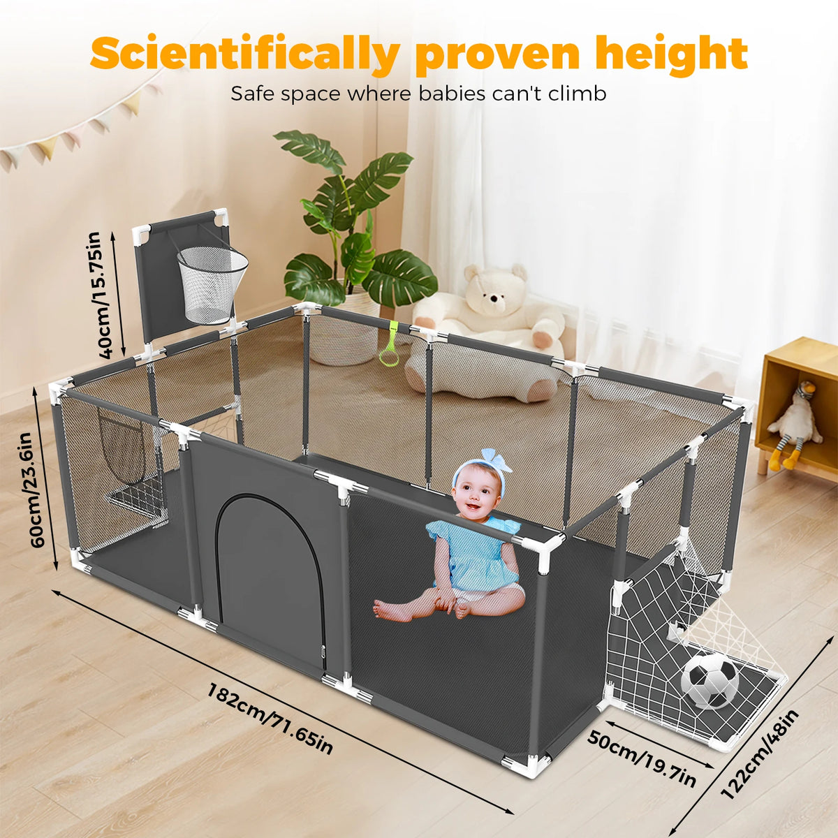 Baby Playpen with Breathable Net, with Basketball Basket and Football Frame, Foldable Activity Centre For Baby, 182 x 122 cm Tappetino anticaduta per bambini Protezione per bambini  basket anti urto per bambini campetto in tappettino morbido per bambini