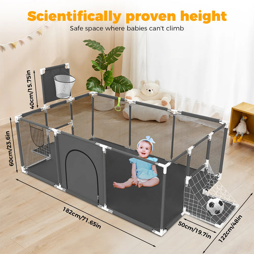 Baby Playpen with Breathable Net, with Basketball Basket and Football Frame, Foldable Activity Centre For Baby, 182 x 122 cm Tappetino anticaduta per bambini Protezione per bambini  basket anti urto per bambini campetto in tappettino morbido per bambini