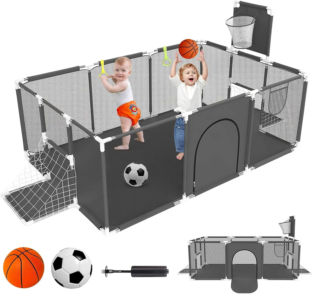 Baby Playpen with Breathable Net, with Basketball Basket and Football Frame, Foldable Activity Centre For Baby, 182 x 122 cm Tappetino anticaduta per bambini Protezione per bambini  basket anti urto per bambini campetto in tappettino morbido per bambini