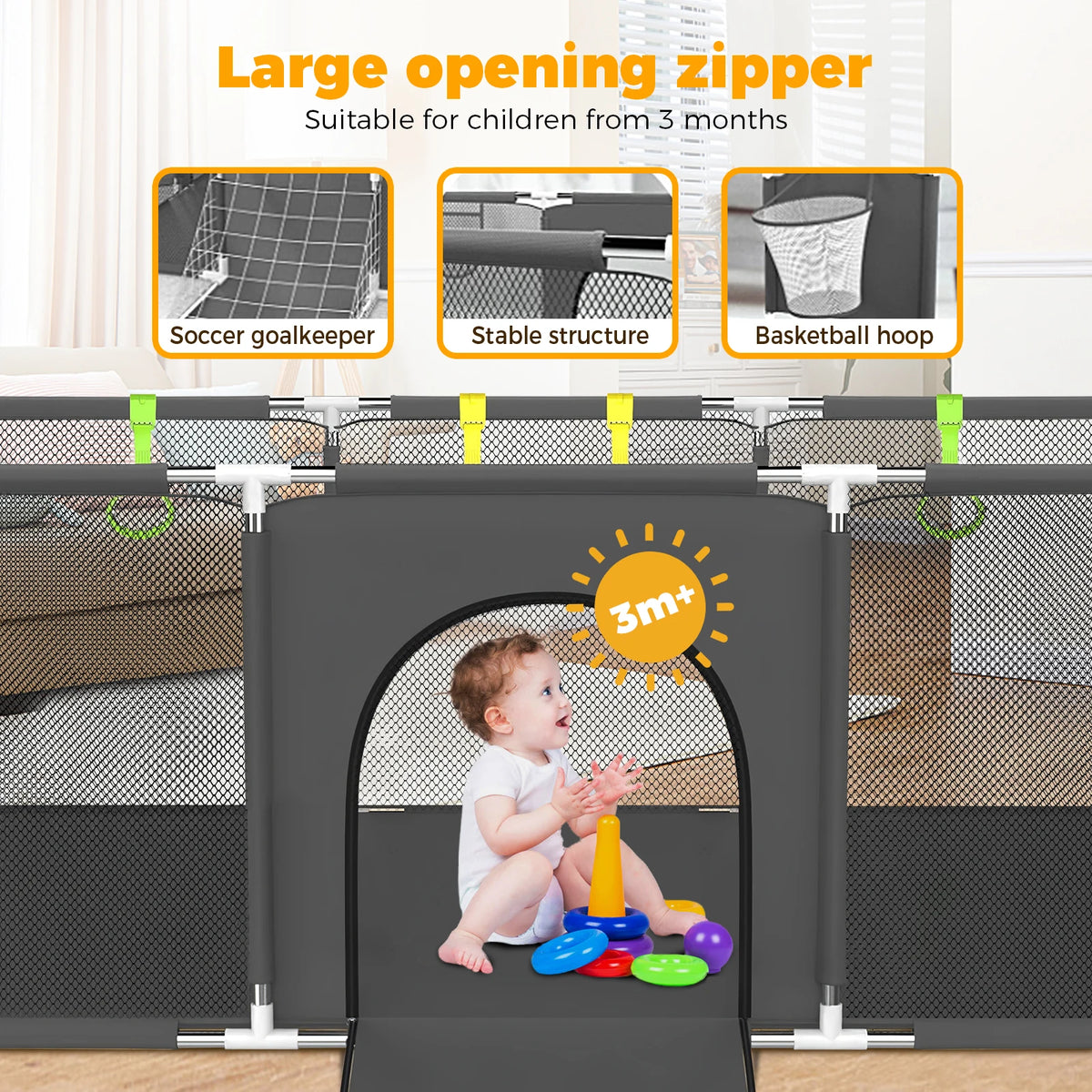 Baby Playpen with Breathable Net, with Basketball Basket and Football Frame, Foldable Activity Centre For Baby, 182 x 122 cm Tappetino anticaduta per bambini Protezione per bambini  basket anti urto per bambini campetto in tappettino morbido per bambini