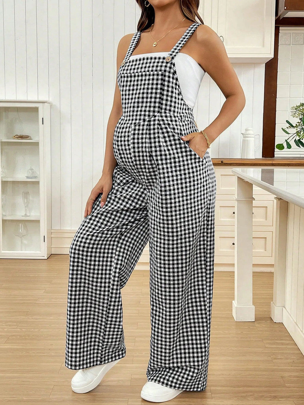 Maternity Pregnant Women Overalls Plaid Print Loose Wide-leg Jumpsuit Rompers Spring Summer Casual Pregnancy Clothing