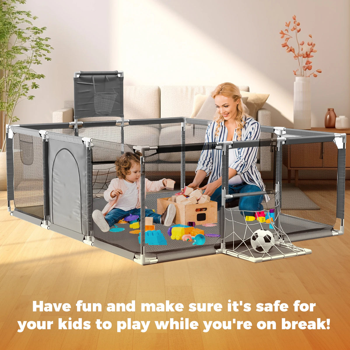 Baby Playpen with Breathable Net, with Basketball Basket and Football Frame, Foldable Activity Centre For Baby, 182 x 122 cm Tappetino anticaduta per bambini Protezione per bambini  basket anti urto per bambini campetto in tappettino morbido per bambini