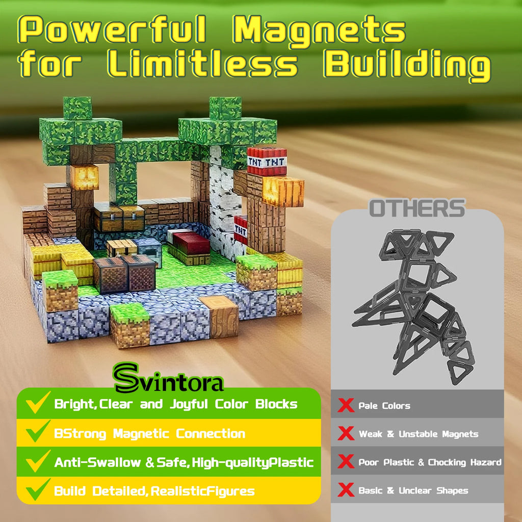 Magnetic Building Blocks Mine World Magnet Cube Brick Sets Best Gift for Boys Girls Kids 3+ DIY Pixel style Toy
