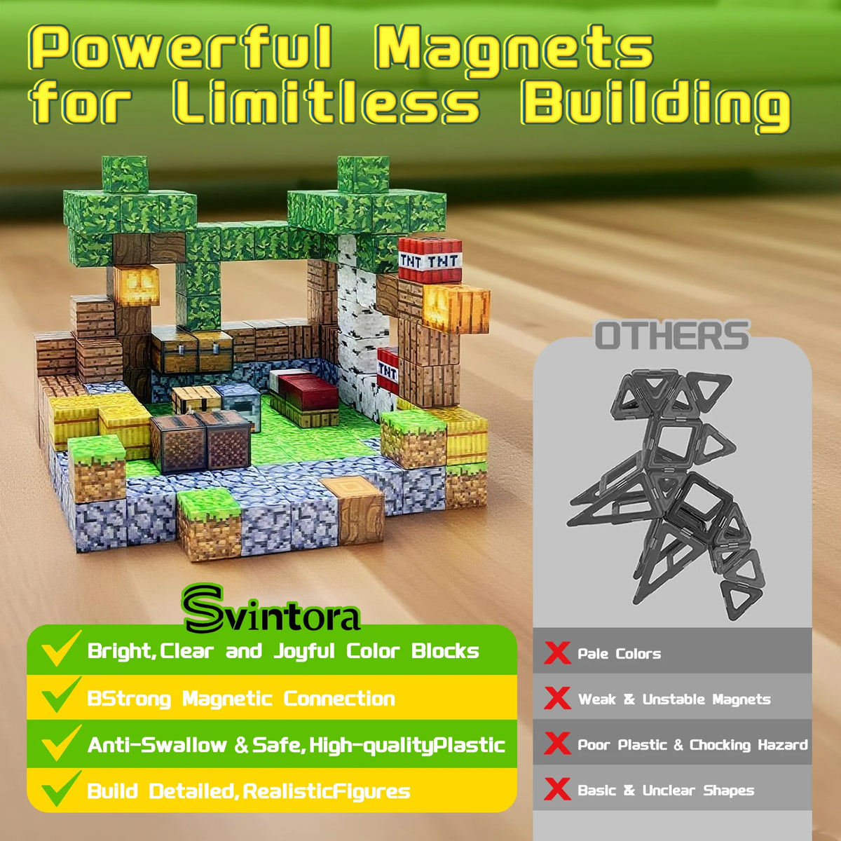 Magnetic Building Blocks Mine World Magnet Cube Brick Sets Best Gift for Boys Girls Kids 3+ DIY Pixel style Toy
