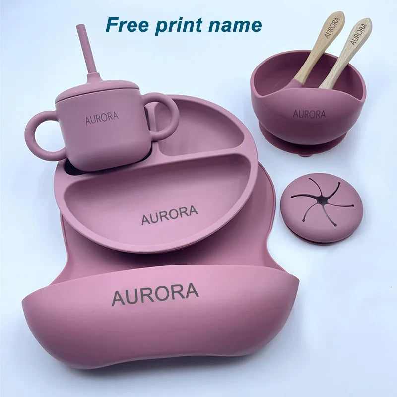 Free Personalized Names Baby Feeding Set 6Pcs Silicone Sucker Bowl Plate Straw Cup Children's Dishes Set Newborn Gift BPA Free