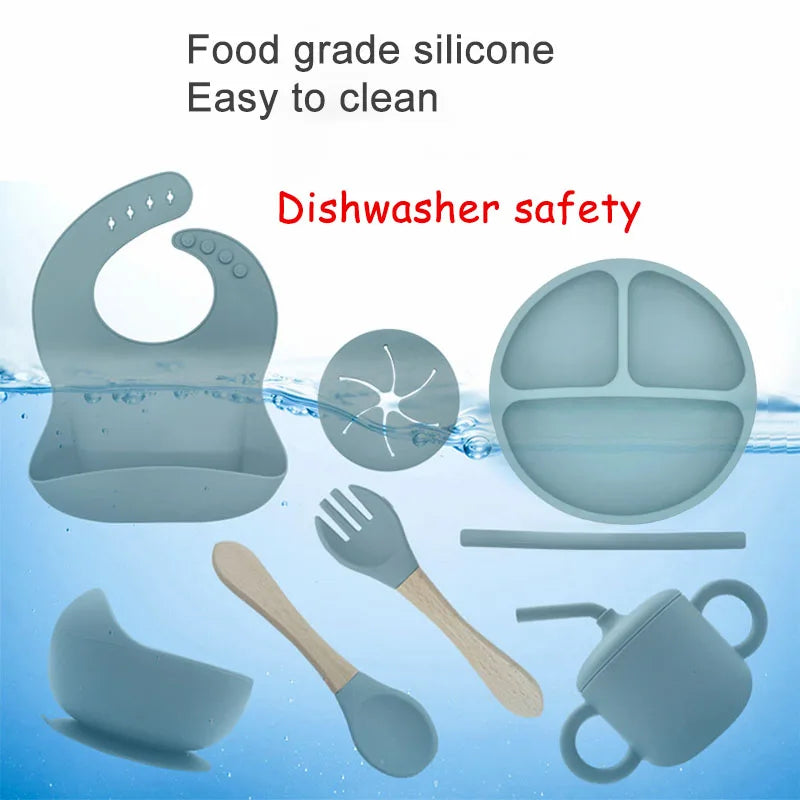 Free Personalized Names Baby Feeding Set 6Pcs Silicone Sucker Bowl Plate Straw Cup Children's Dishes Set Newborn Gift BPA Free
