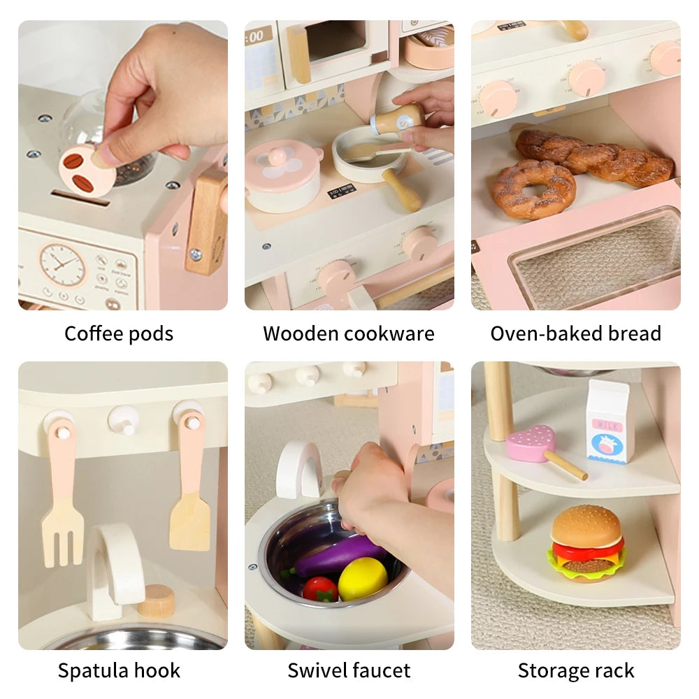 Toddler Play Wooden Toys Kids Coffee Playset with Play Food Kitchen Accessories Cooking Set Gift for Girls & Boys Aged 3+