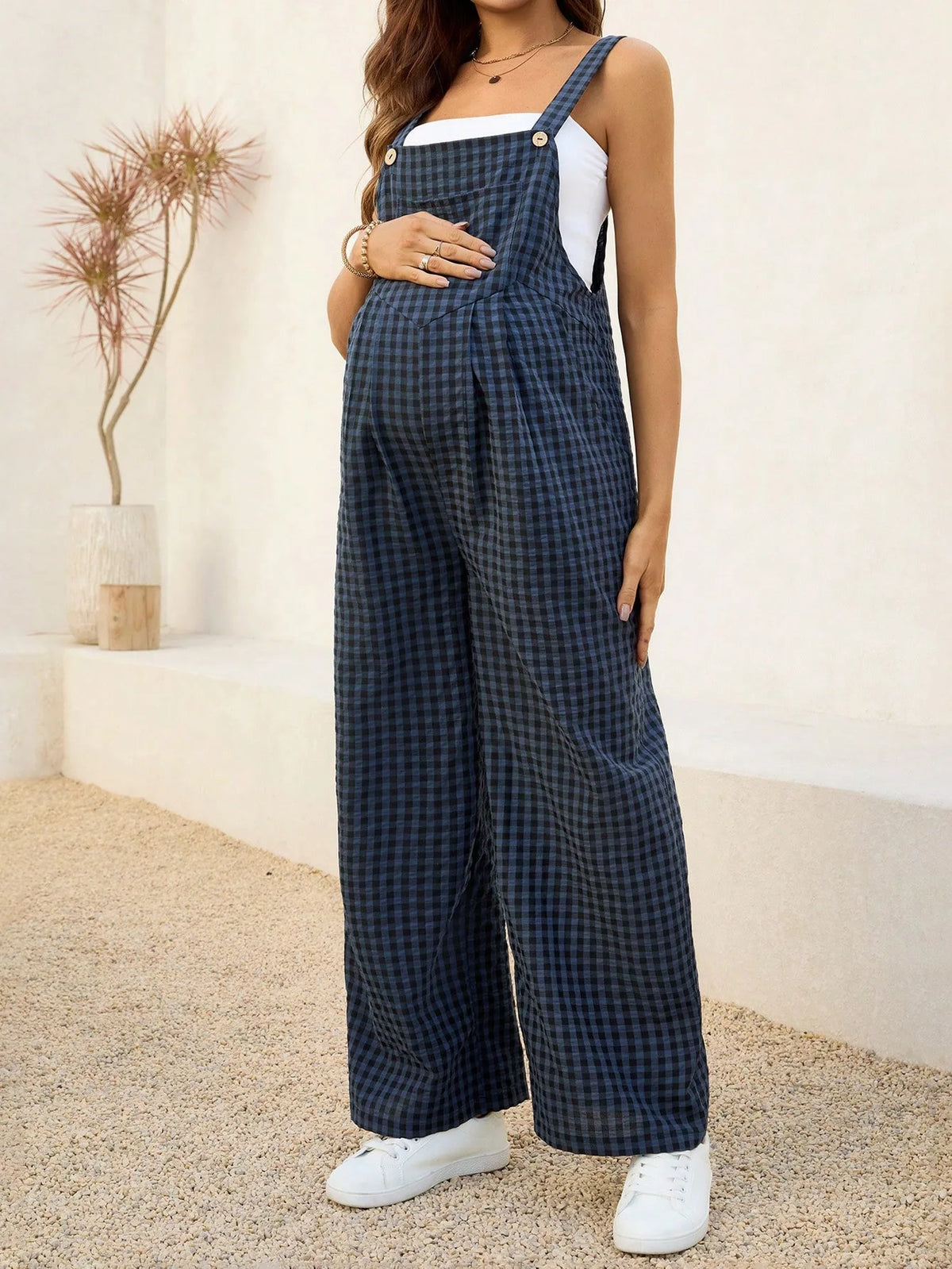 Maternity Pregnant Women Overalls Plaid Print Loose Wide-leg Jumpsuit Rompers Spring Summer Casual Pregnancy Clothing