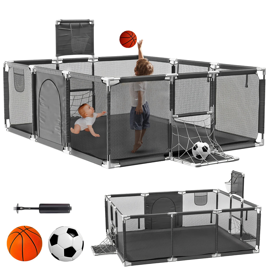 Baby Playpen with Breathable Net, with Basketball Basket and Football Frame, Foldable Activity Centre For Baby, 182 x 122 cm Tappetino anticaduta per bambini Protezione per bambini  basket anti urto per bambini campetto in tappettino morbido per bambini